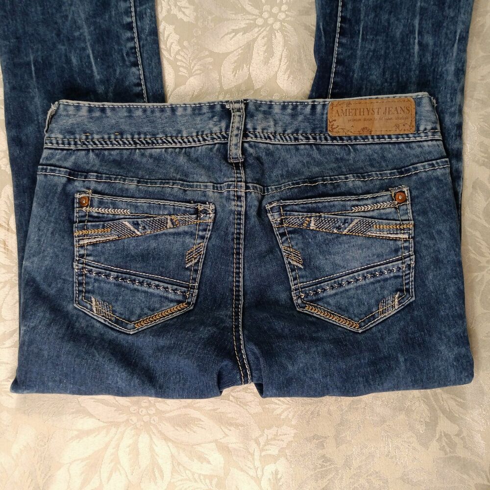 Y2K Amethyst Jeans Lowrise BootFlare Stretchy Blue Embroidered Womens 5 Junior